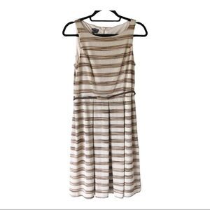 Muse Sleeveless Beige/Brown Striped Metallic Belted Fit And Flare Dress Size 8